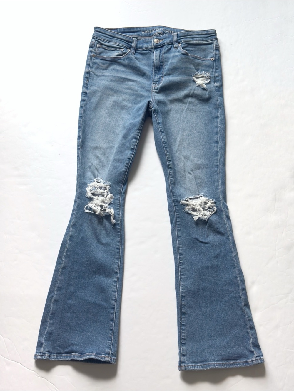 American Eagle High Rise Skinny Kick Jeans 12 SHORT Light Wash Boho Stretch